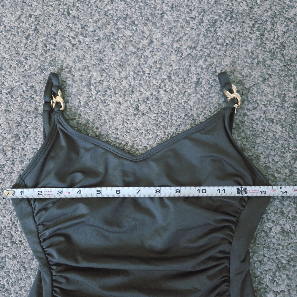 Michael Kors Women's Sz 6 One Piece V-neck Swimsuit Hunter Green Gold Chainlink - Picture 6 of 7